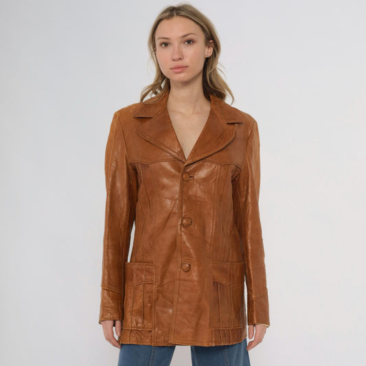 70s Roberts Fine Leather Brown Blazer Button Front Distressed Medium