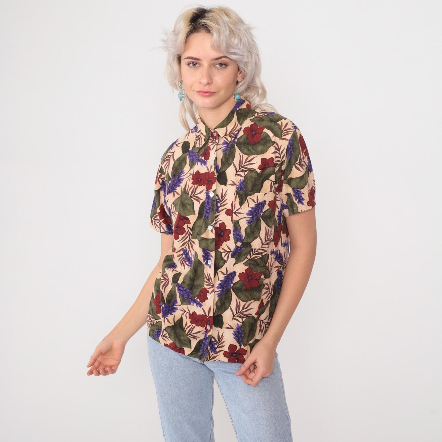 90s Selene Sport Silk Floral Button-Down Blouse Beige Hibiscus Small S