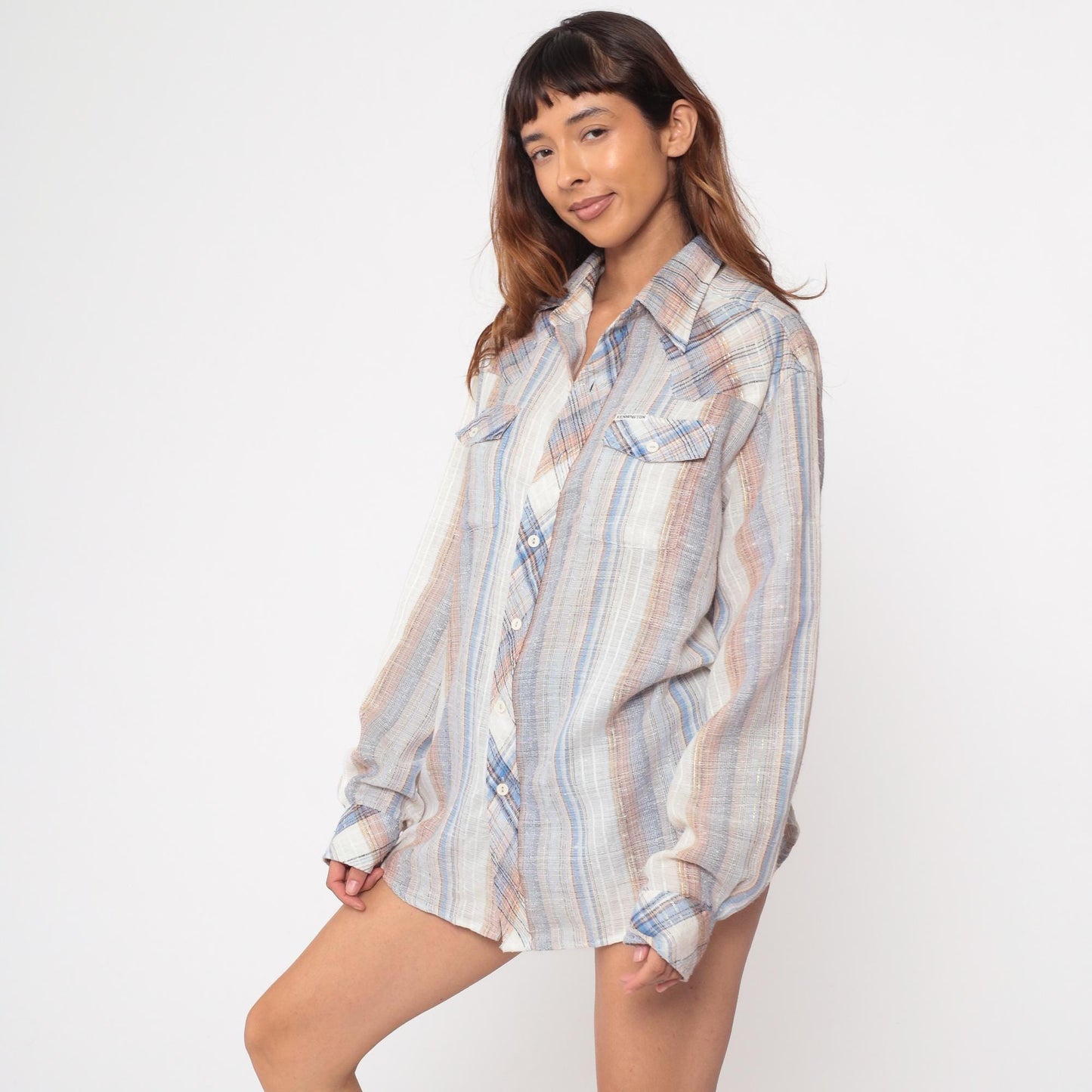 70s Kennington Western Shirt Pearl Snap Plaid Blue Peach Cotton Extra Large XL