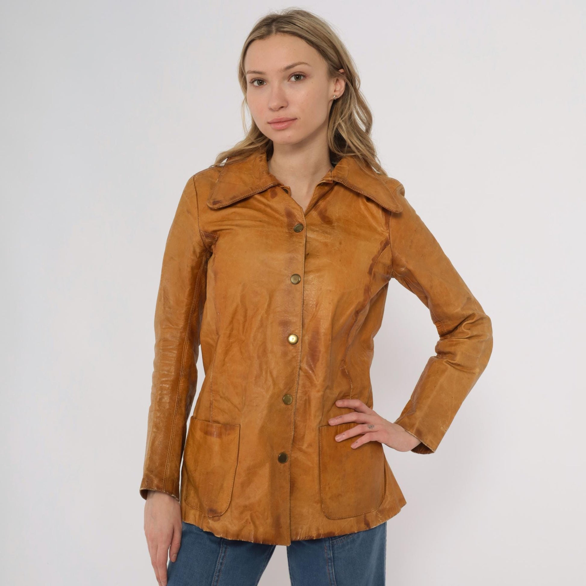 70s Tan Leather Jacket Button Front Pointed Collar Distressed XS