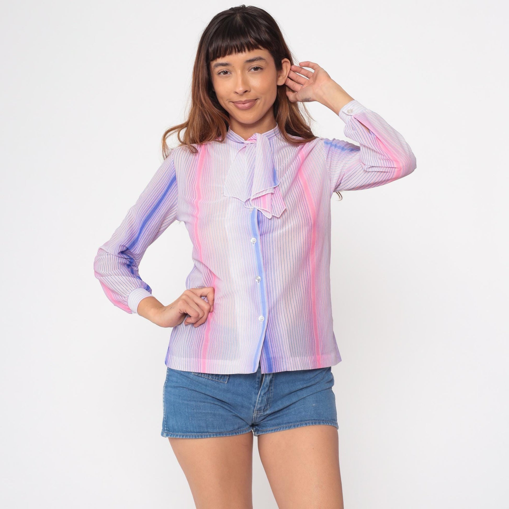 70s Alfred Dunner Striped Pussy Bow Blouse Pink Blue Button Up Small