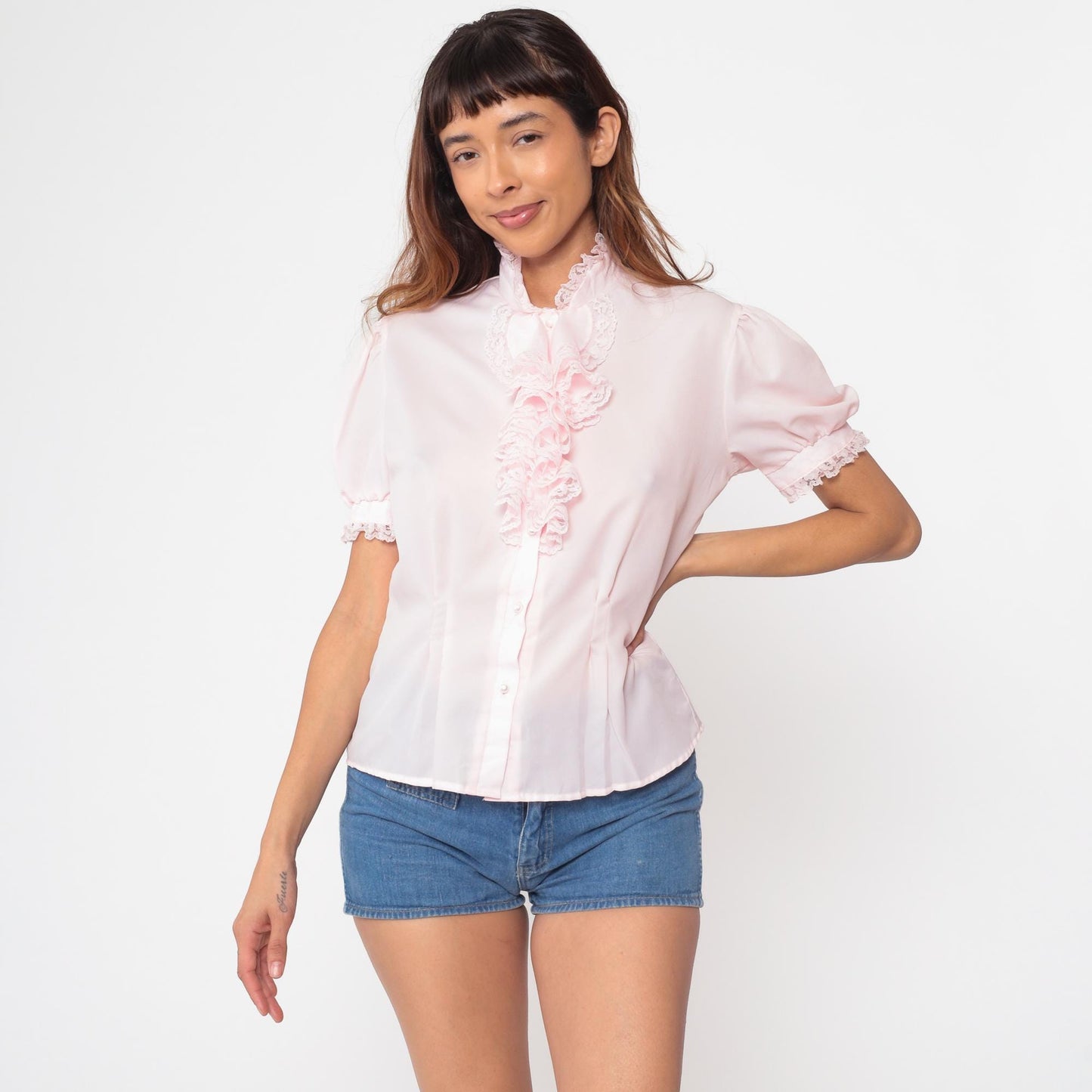 80s Pink Ruffle Lace Blouse Puff Sleeve Button Up Small