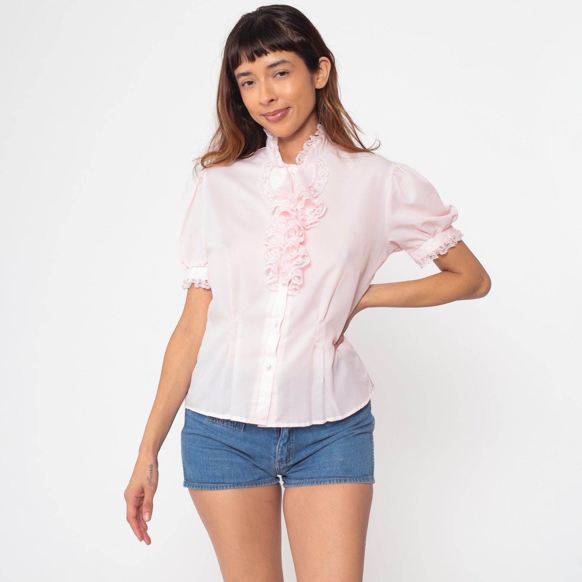 80s Pink Ruffle Lace Blouse Puff Sleeve Button Up Small