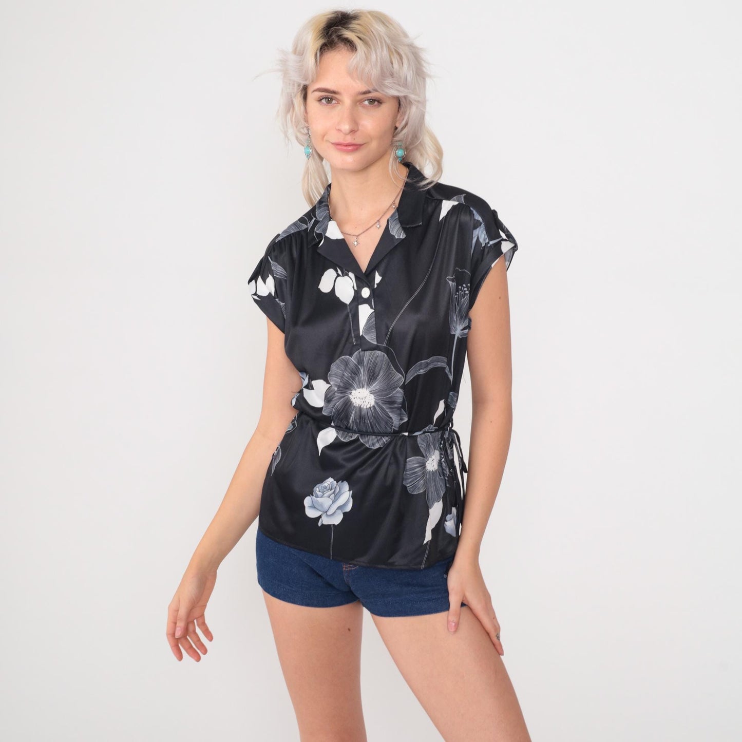 80s Black Floral Satin Blouse V-Neck Tie Waist Button Down Medium