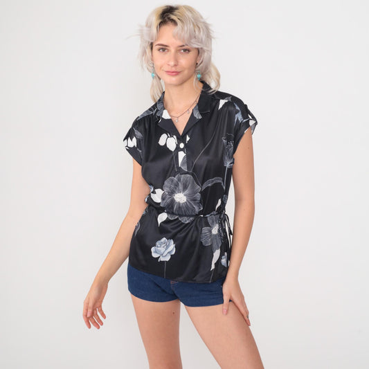 80s Black Floral Satin Blouse V-Neck Tie Waist Button Down Medium