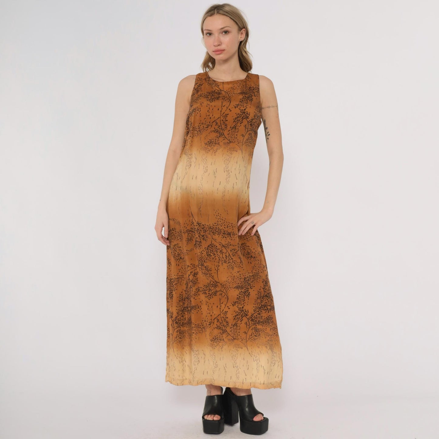 90s Karin Stevens Ombre Maxi Dress Brown Tan Botanical Sleeveless Medium M