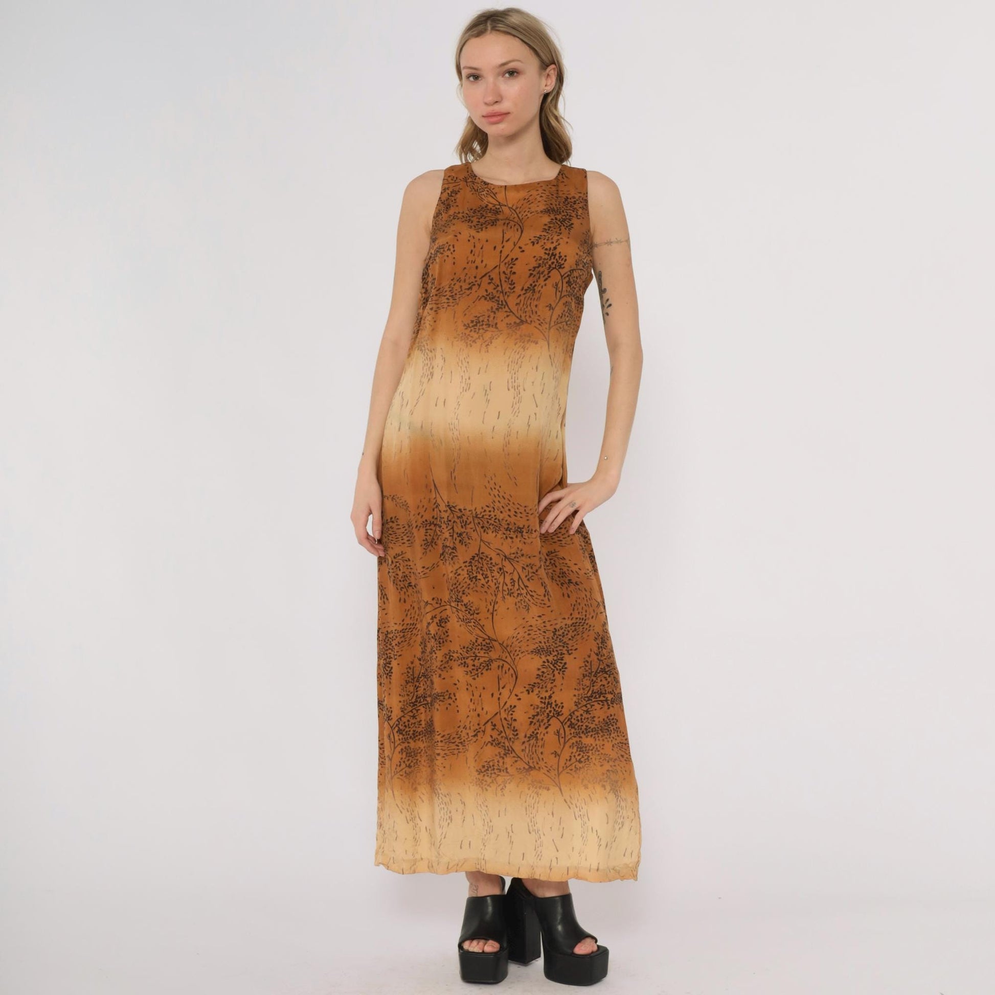 90s Karin Stevens Ombre Maxi Dress Brown Tan Botanical Sleeveless Medium M