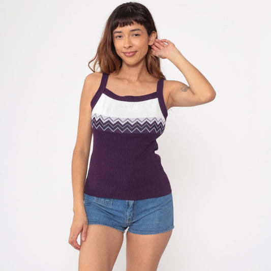 90s No Boundaries Chevron Tank Top Purple White Ribbed Small