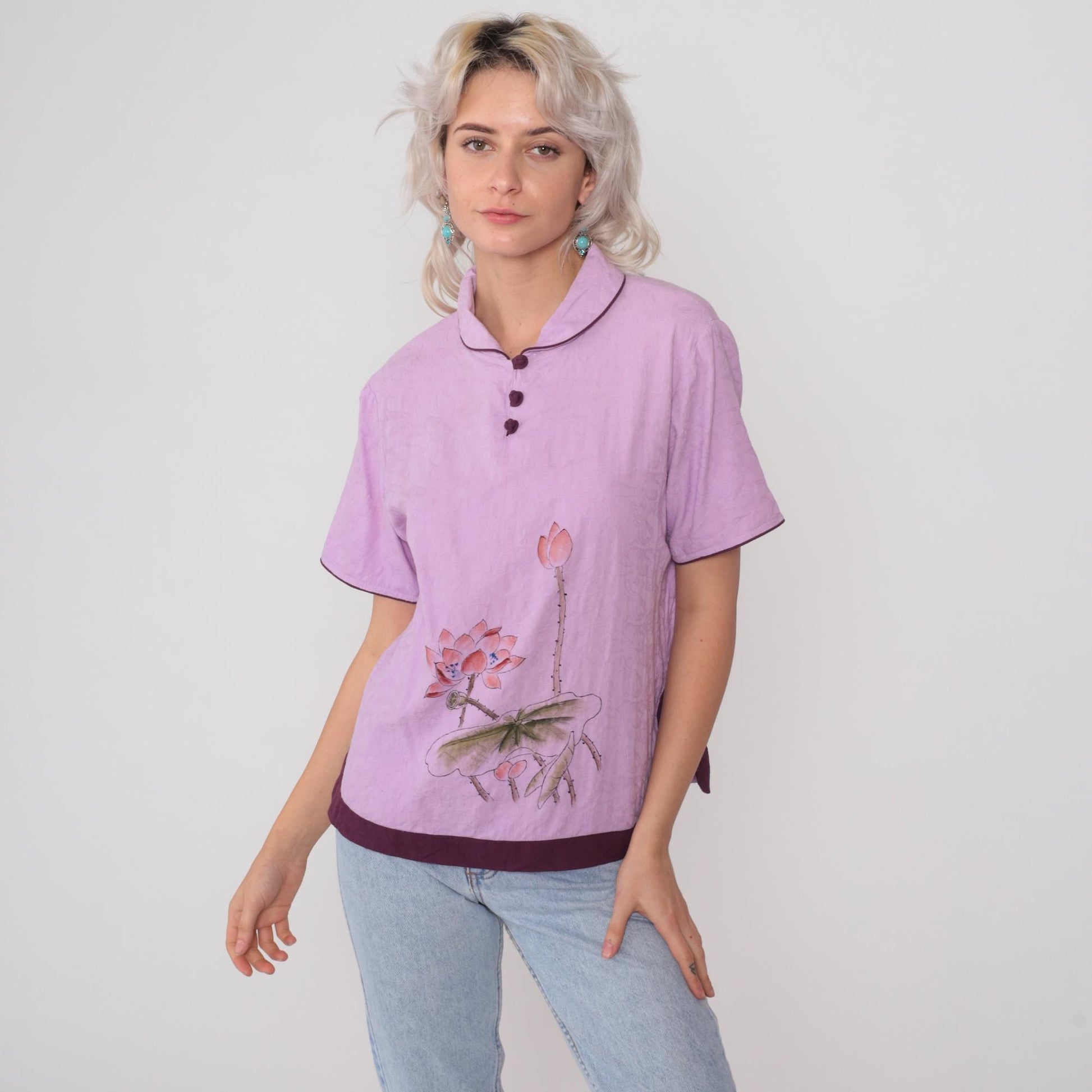 Y2K Lotus Flower Silk Henley Top Lavender Purple Piping Short Sleeve Large L