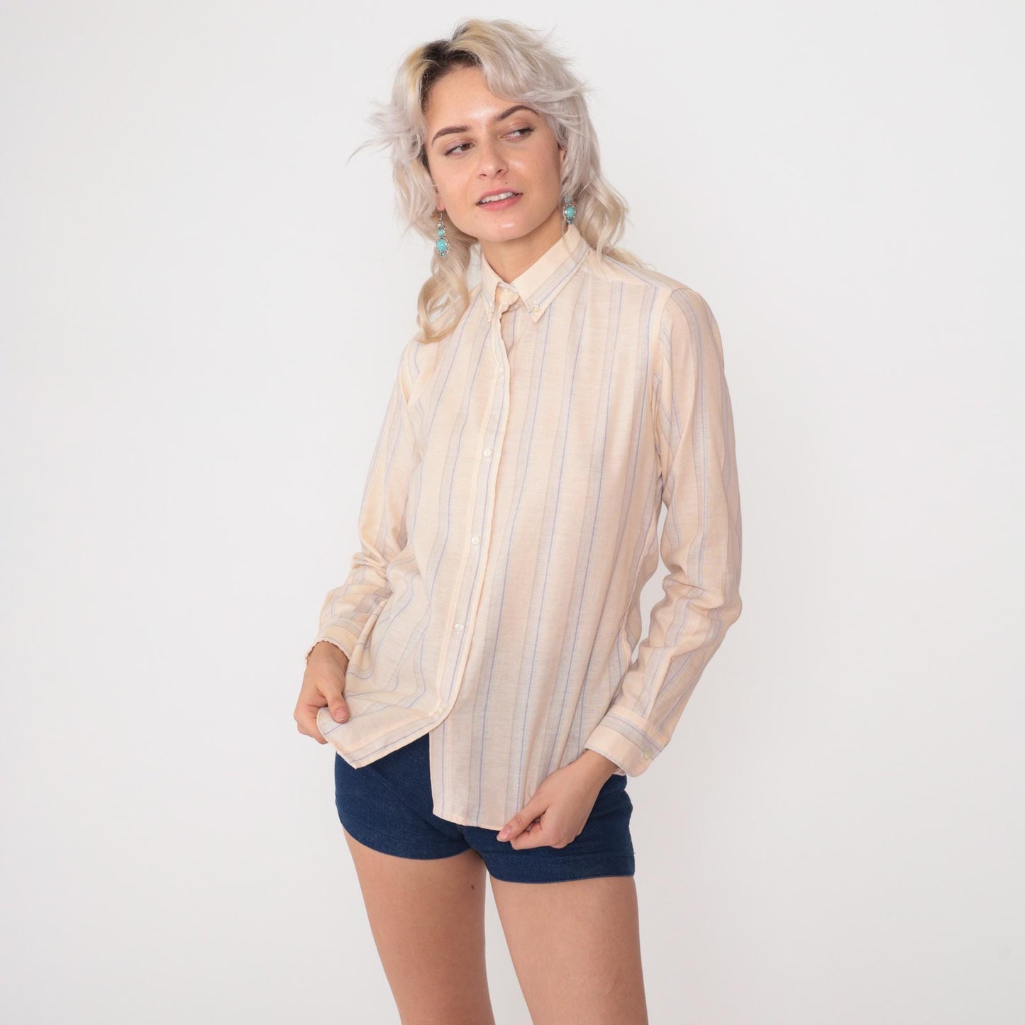 80s Mr Witt Striped Button Down Oxford Shirt Cream Lavender Blue Small S