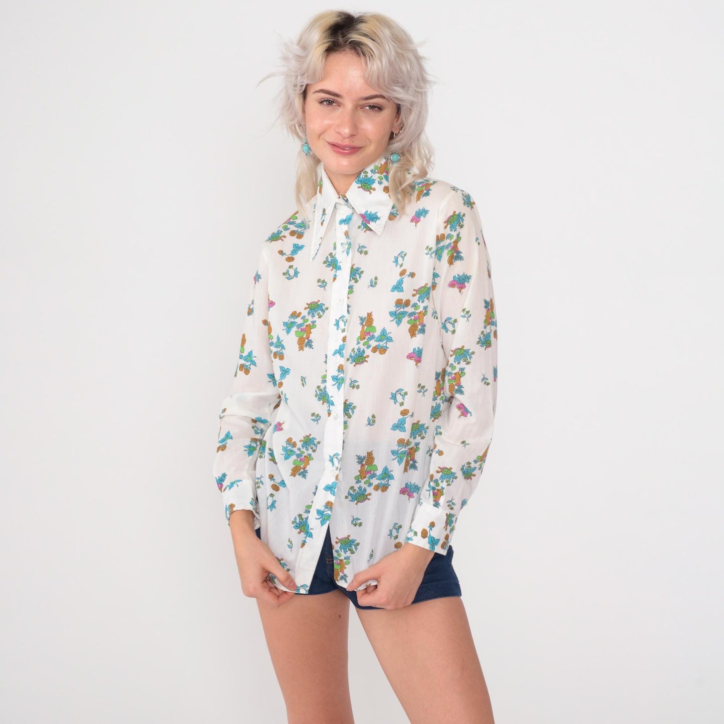 70s Animal Print Button Down Shirt Owl Turtle White Cotton Small S