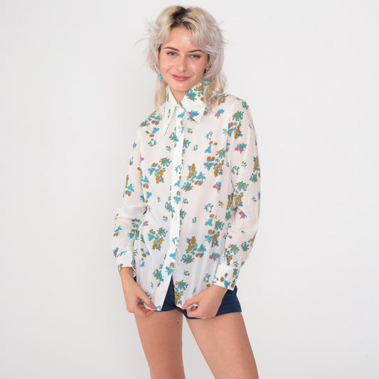 70s Animal Print Button Down Shirt Owl Turtle White Cotton Small S
