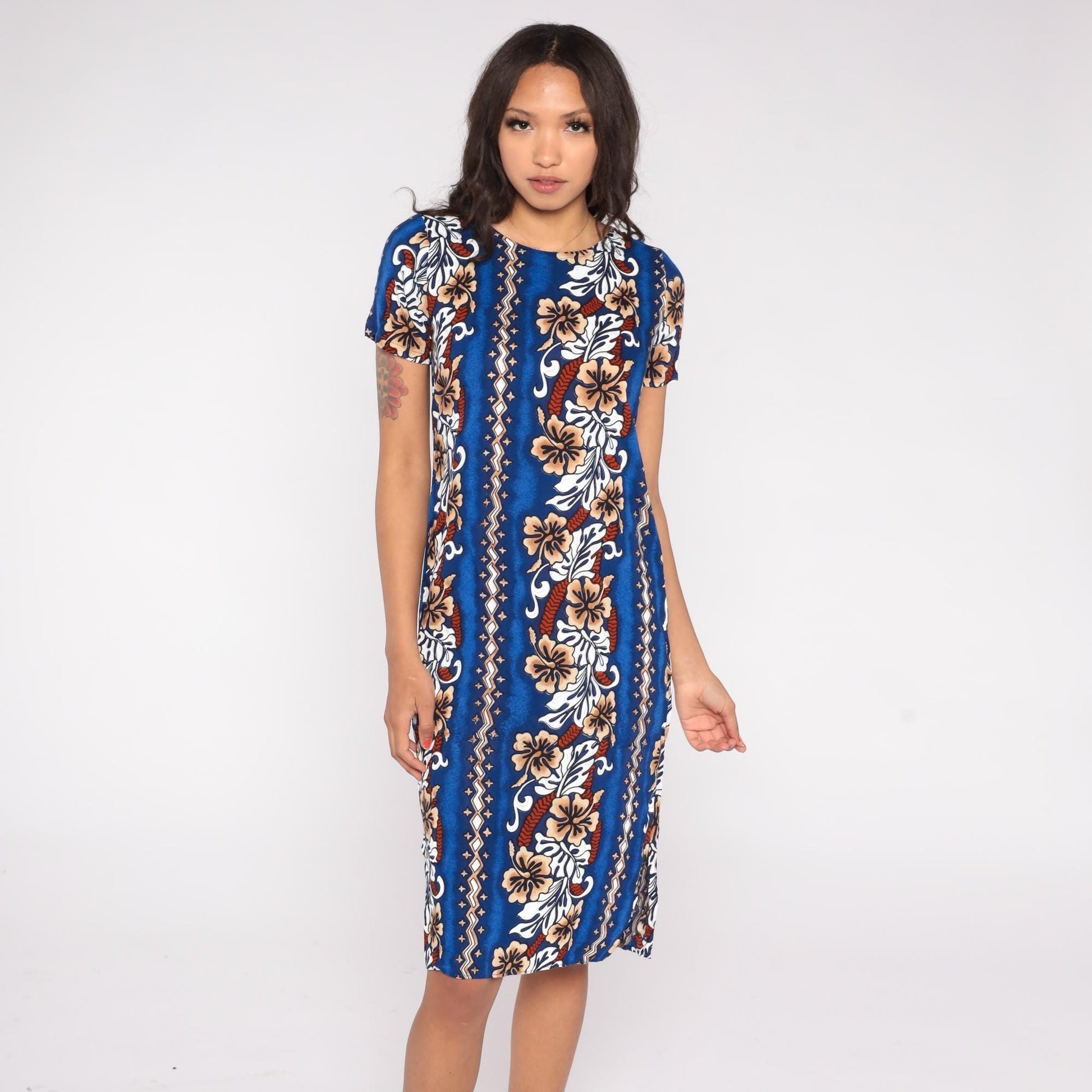 90s Blue Hawaiian Midi Dress Hibiscus Floral Stripe Rayon Small