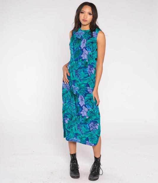 90s R&K Originals Botanical Maxi Dress Emerald Teal Lavender Navy Size 8