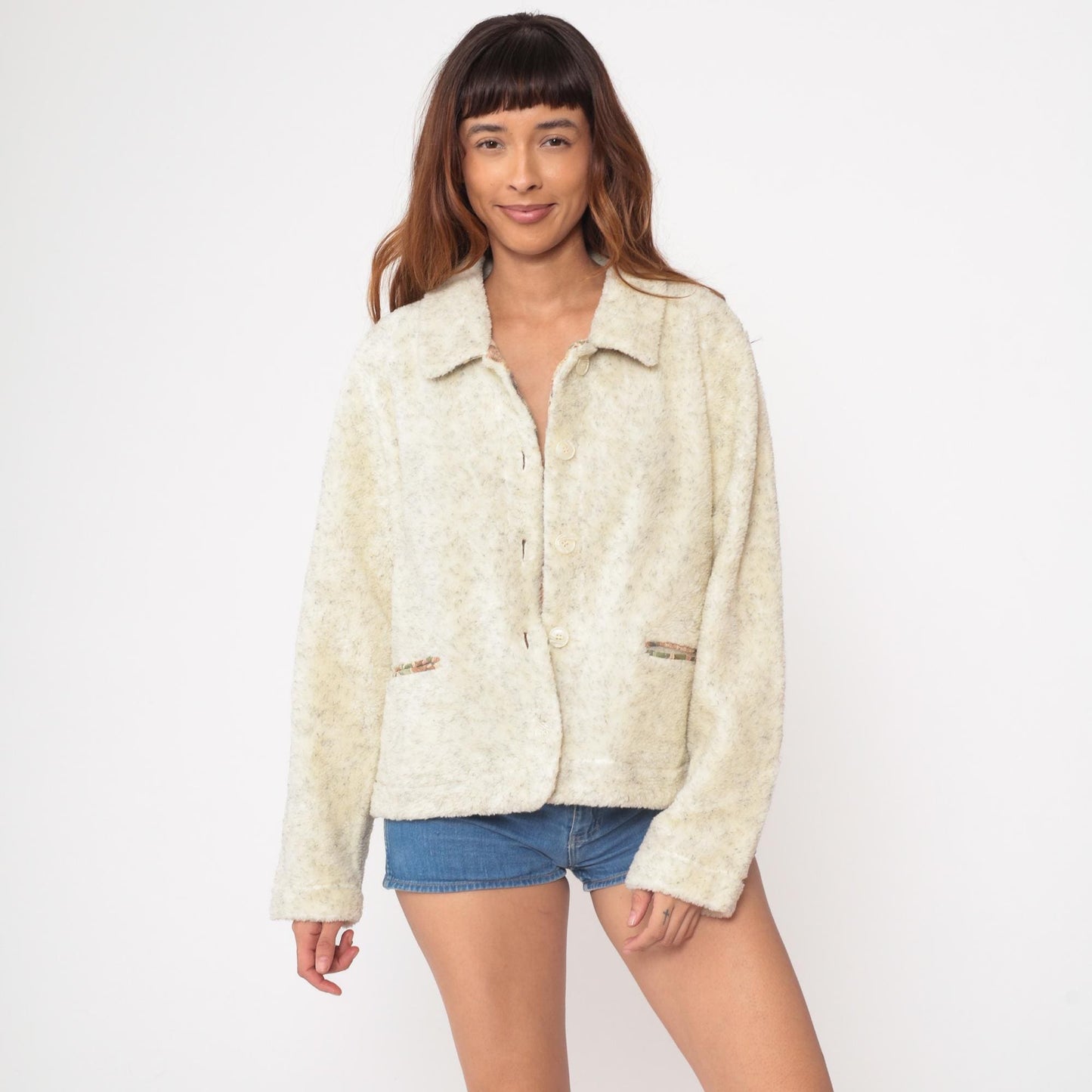 90s Cambridge Classics Cream Fleece Jacket Button Front Cropped Large L