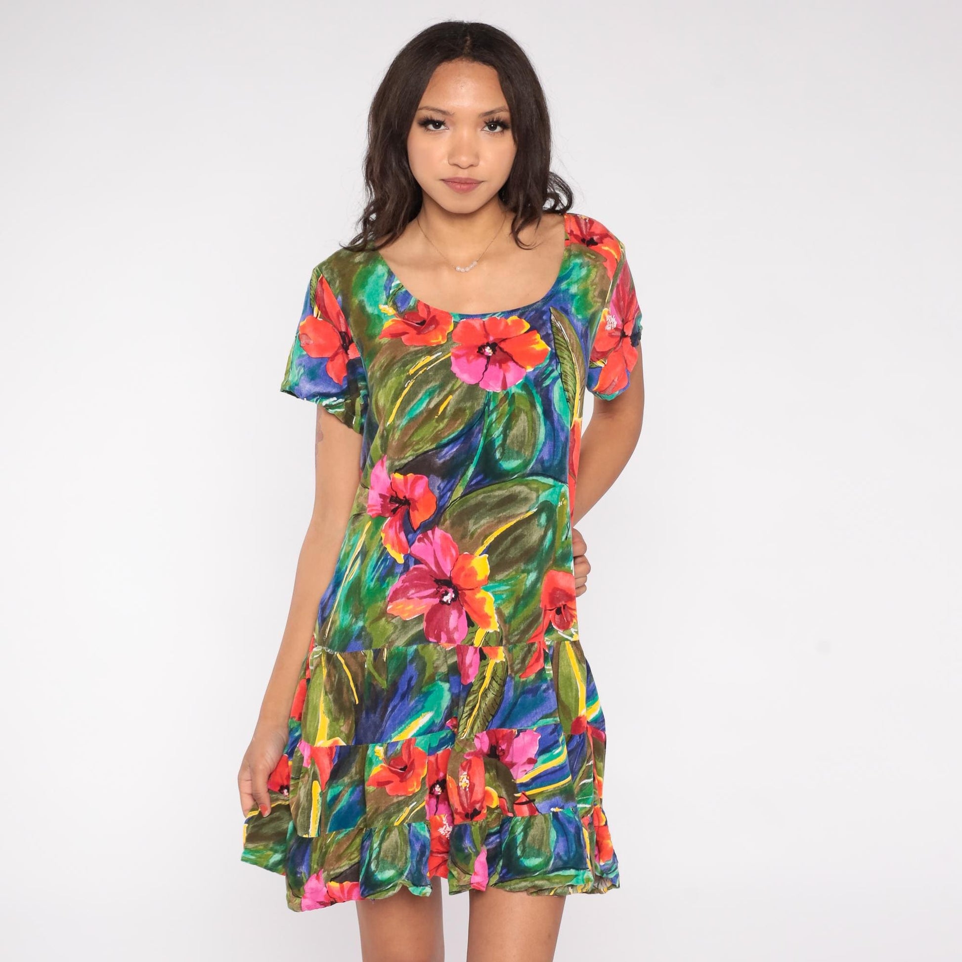90s Jacqueline Studio Hibiscus Mini Dress Coral Pink Floral Rayon Medium