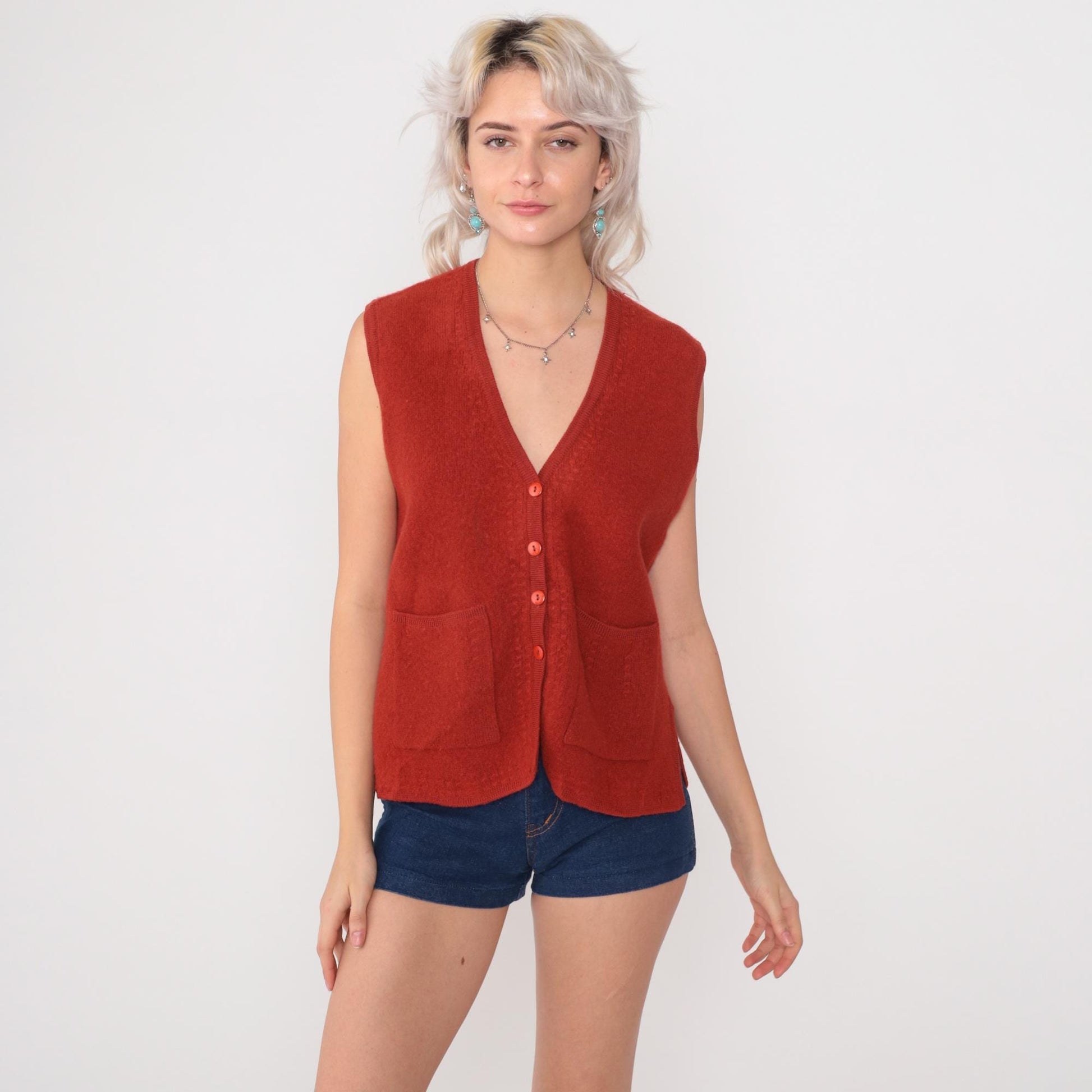 70s Wool Sweater Vest Orange Button Front V-Neck Knit Medium M