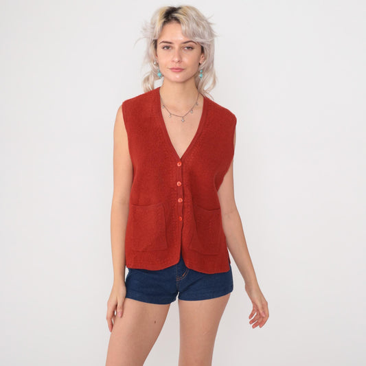 70s Wool Sweater Vest Orange Button Front V-Neck Knit Medium M
