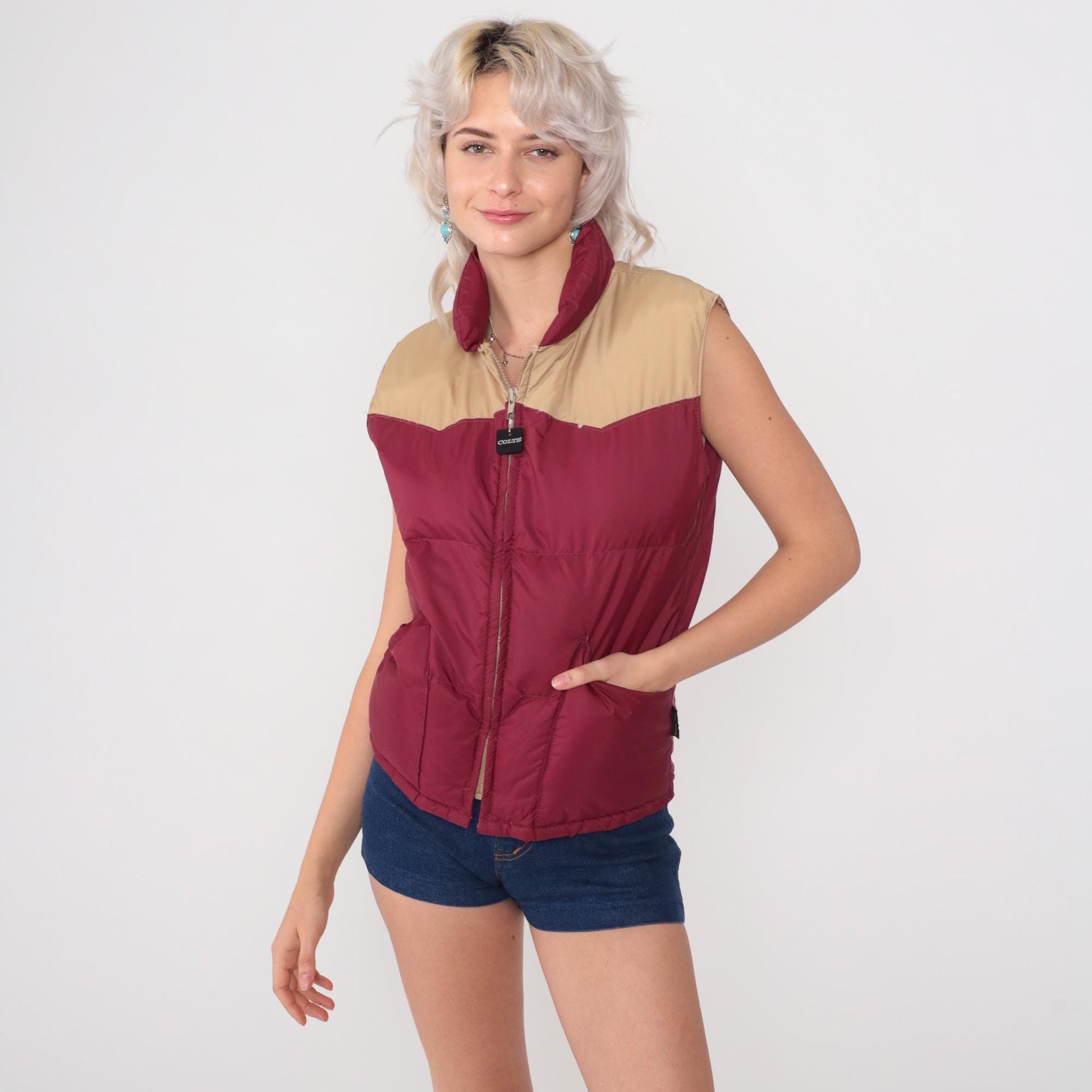 80s Pacific Trail Down Puffer Vest Burgundy Tan Yoke Zip Small