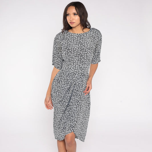 90s Warren Z Black White Leaf Print Midi Dress Fitted Waist Tulip Hem Medium