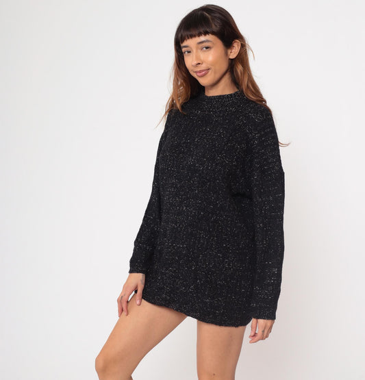 80s American Pride Black Lurex Knit Sweater Metallic Silver Tunic Large L