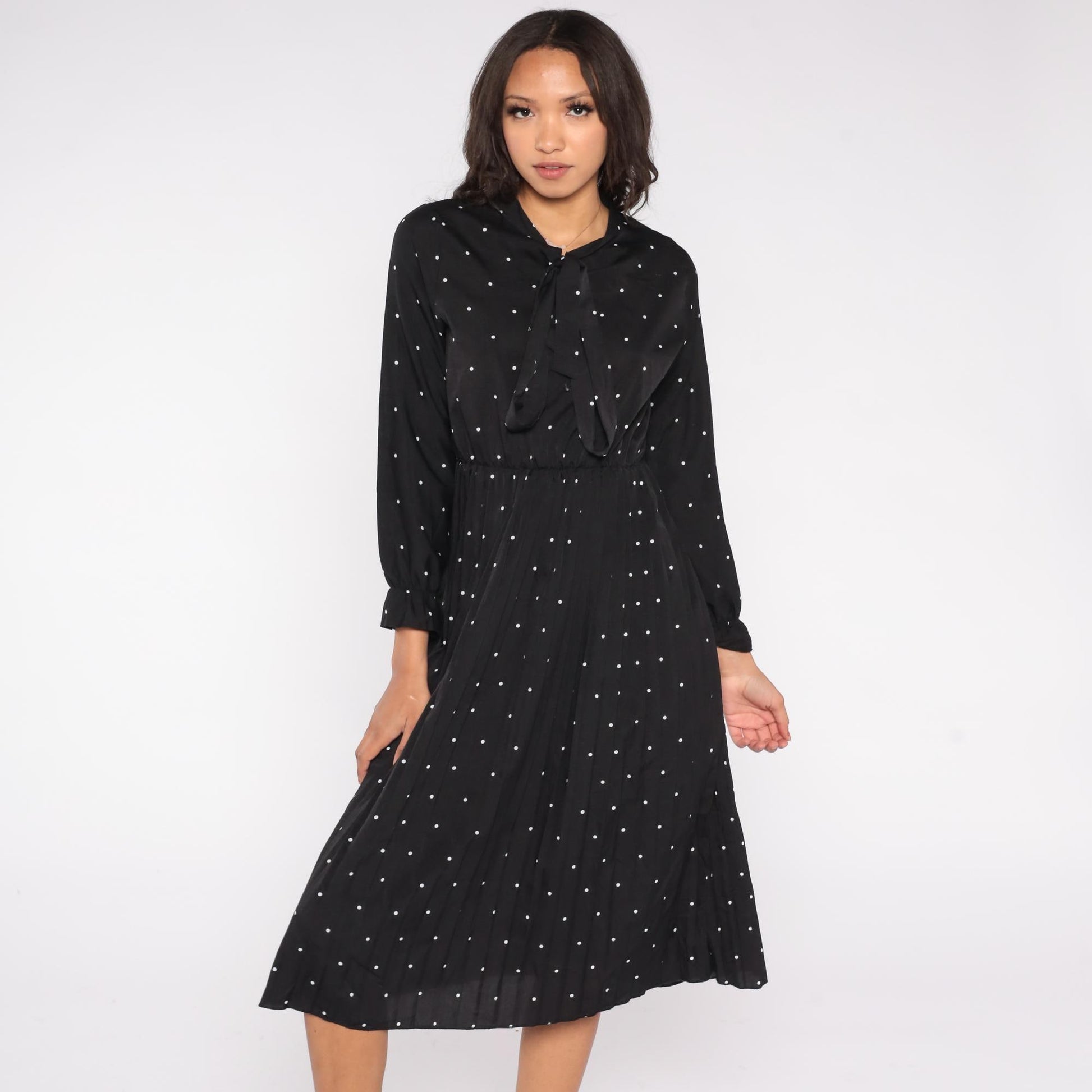 Y2K Black Polka Dot Midi Dress White Dots Pussy Bow Long Sleeve Medium