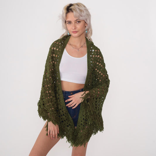 70s Olive Green Crochet Poncho Shawl Fringe Cape One Size