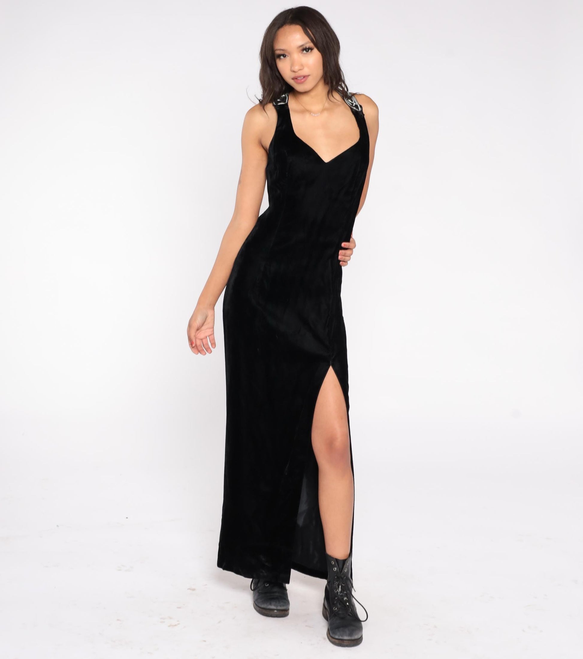 90s Roberta Black Velvet Maxi Gown Silver Embroidered Cross-Back Medium