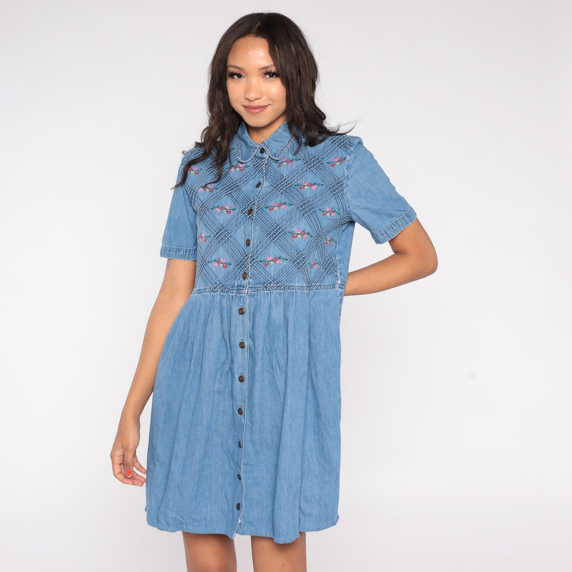90s Floral Embroidered Denim Mini Dress Blue Collared Short Sleeve Large L