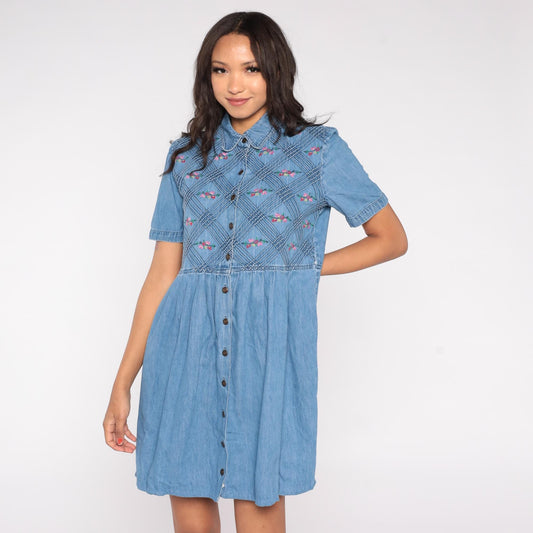 90s Floral Embroidered Denim Mini Dress Blue Collared Short Sleeve Large L
