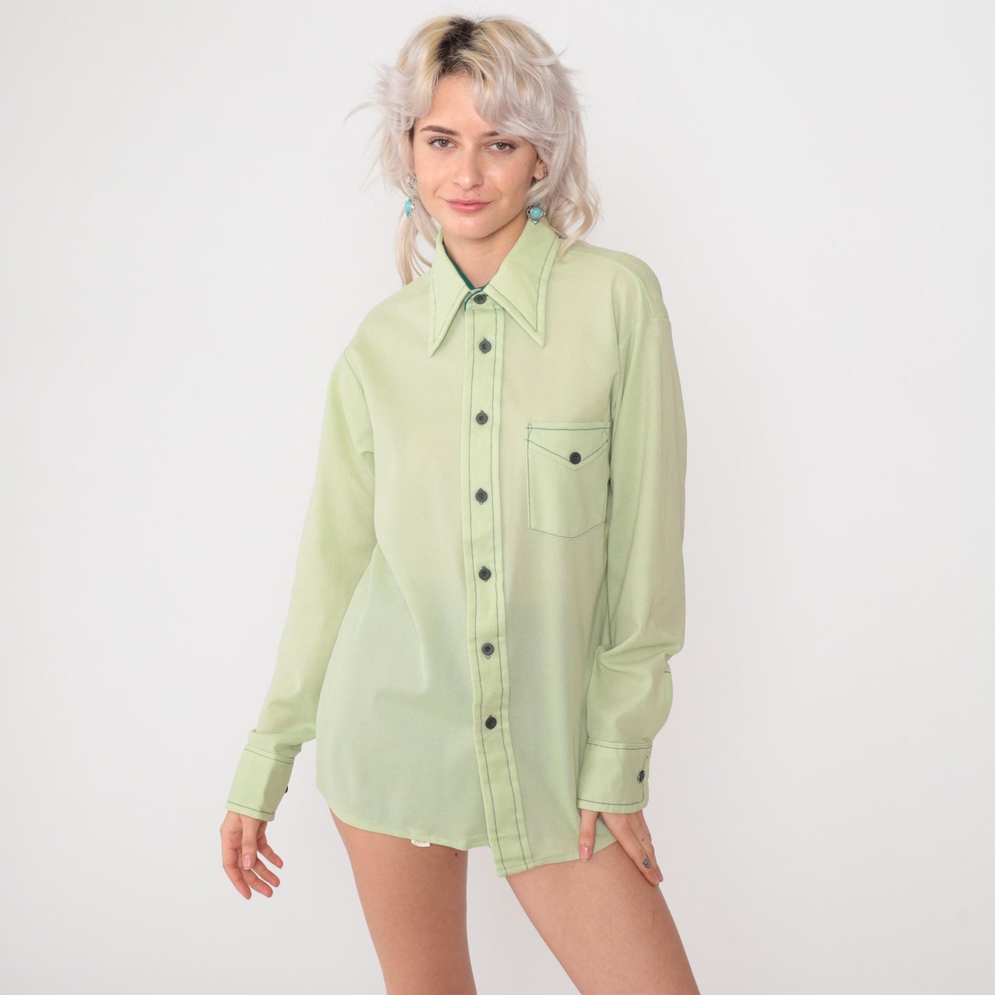 70s Mint Green Button Up Shirt Long Sleeve Collared Men's Large