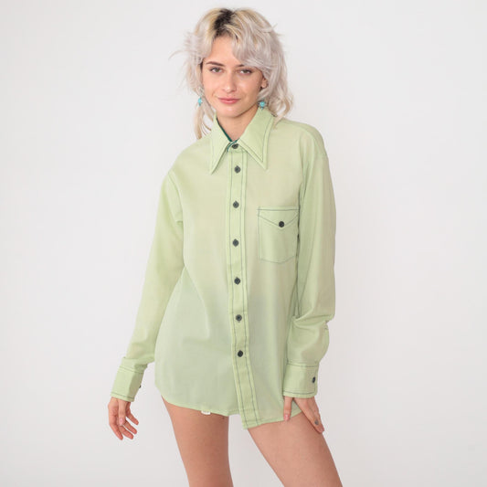 70s Mint Green Button Up Shirt Long Sleeve Collared Men's Large