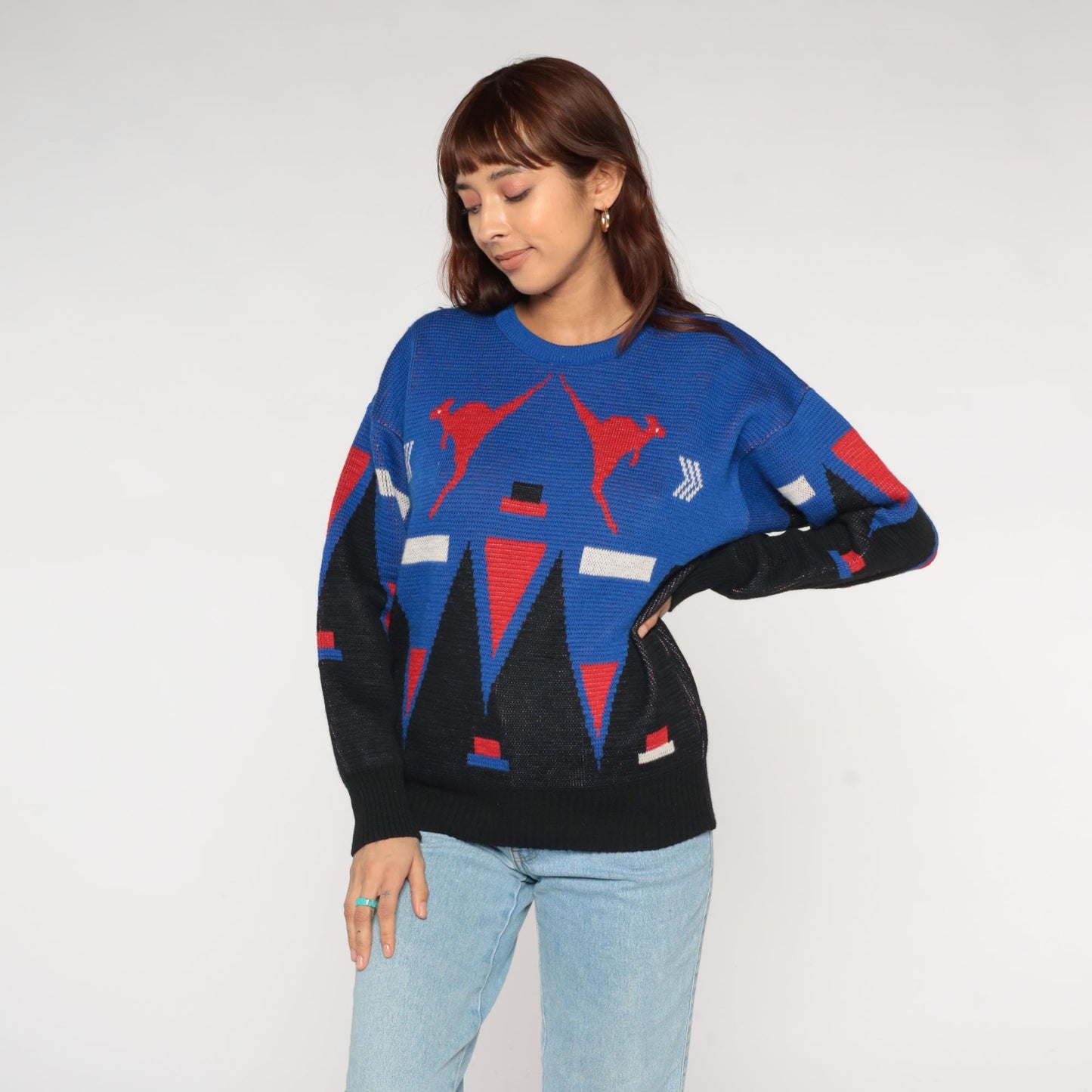 80s Hysport Australian Wool Sweater Kangaroo Geometric Colorblock Royal Blue Medium