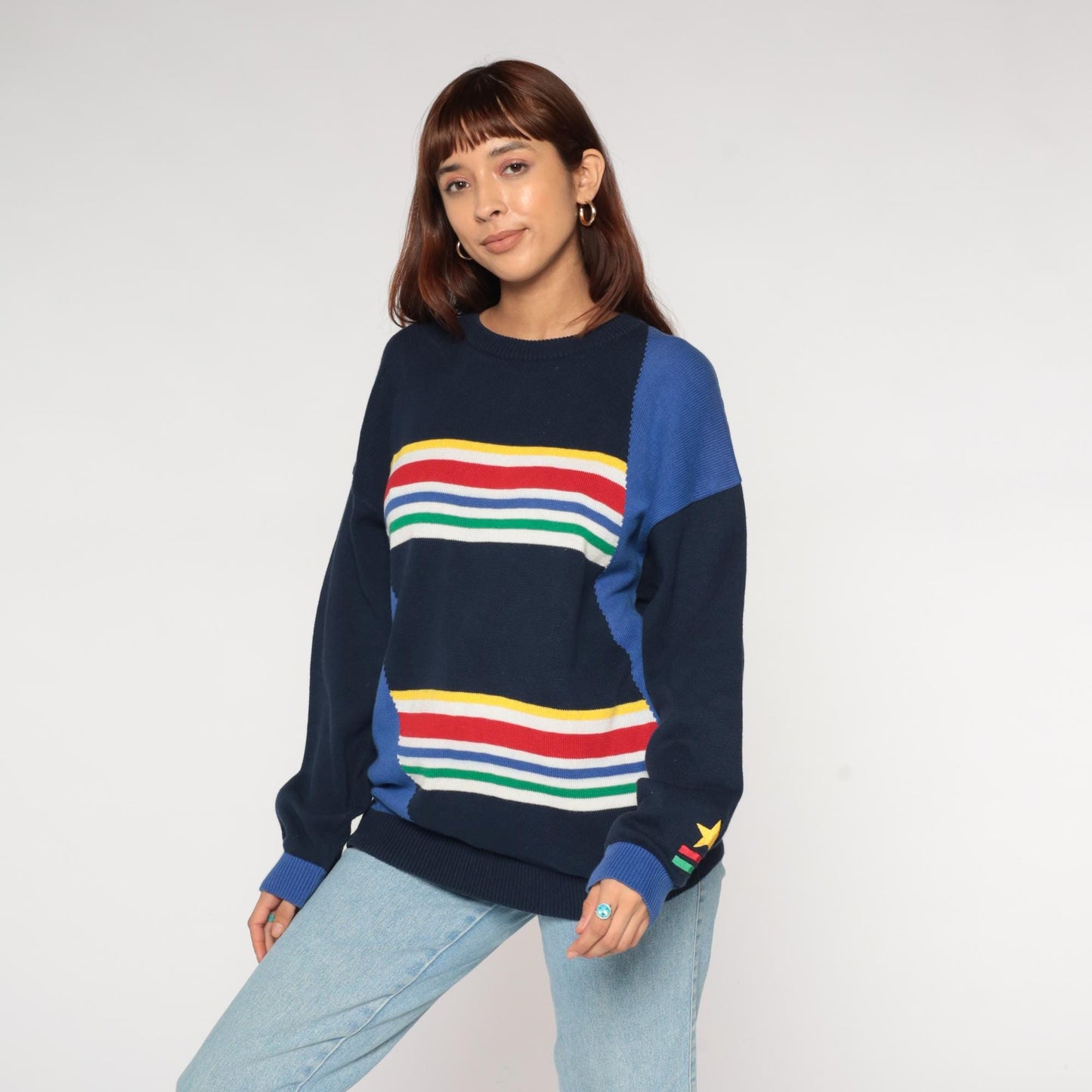 80s Navy Rainbow Stripe Knit Sweater Star Embroidered Colorblock Large