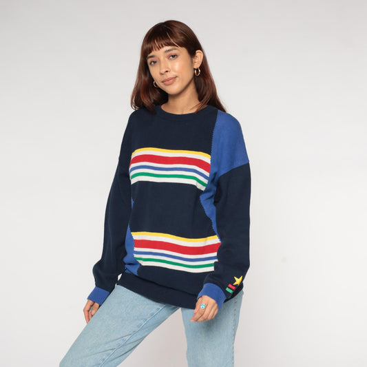 80s Navy Rainbow Stripe Knit Sweater Star Embroidered Colorblock Large