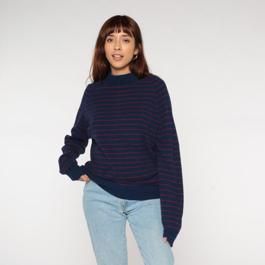 80s Vaughn Lambswool Nautical Sweater Navy Striped Mock Neck Medium