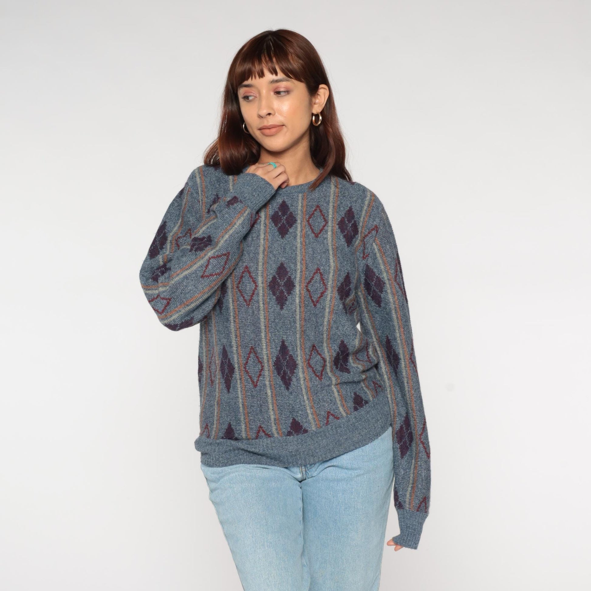 80s Diamond Argyle Wool Mohair Sweater Crewneck Blue Burgundy Medium
