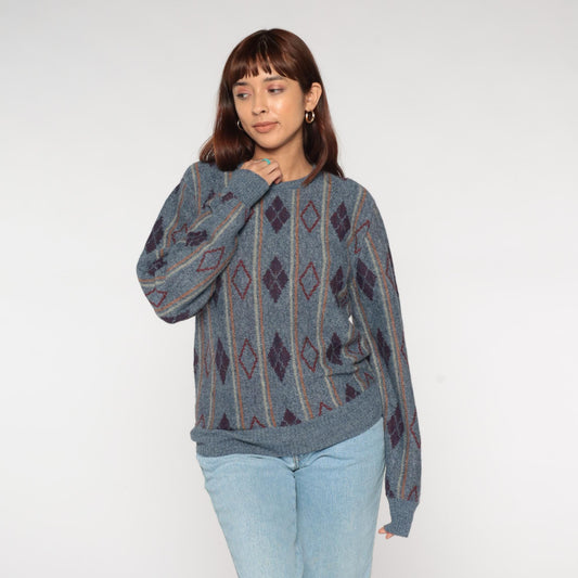 80s Diamond Argyle Wool Mohair Sweater Crewneck Blue Burgundy Medium
