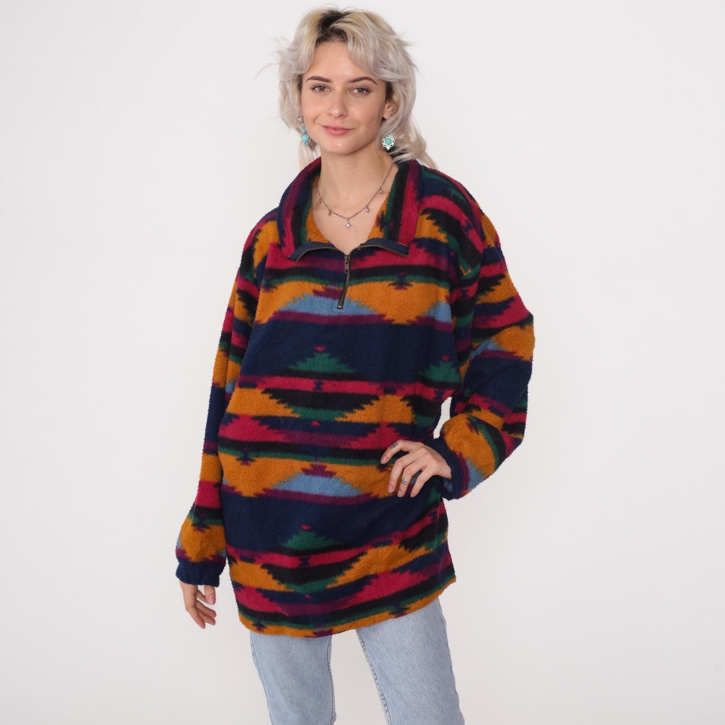 90s Denim Express Aztec Fleece Half-Zip Pullover Multicolor Tribal Large L