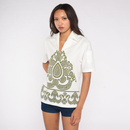 70s Keone Sportswear Hawaiian Shirt Olive Medallion Print Pointed Collar Medium