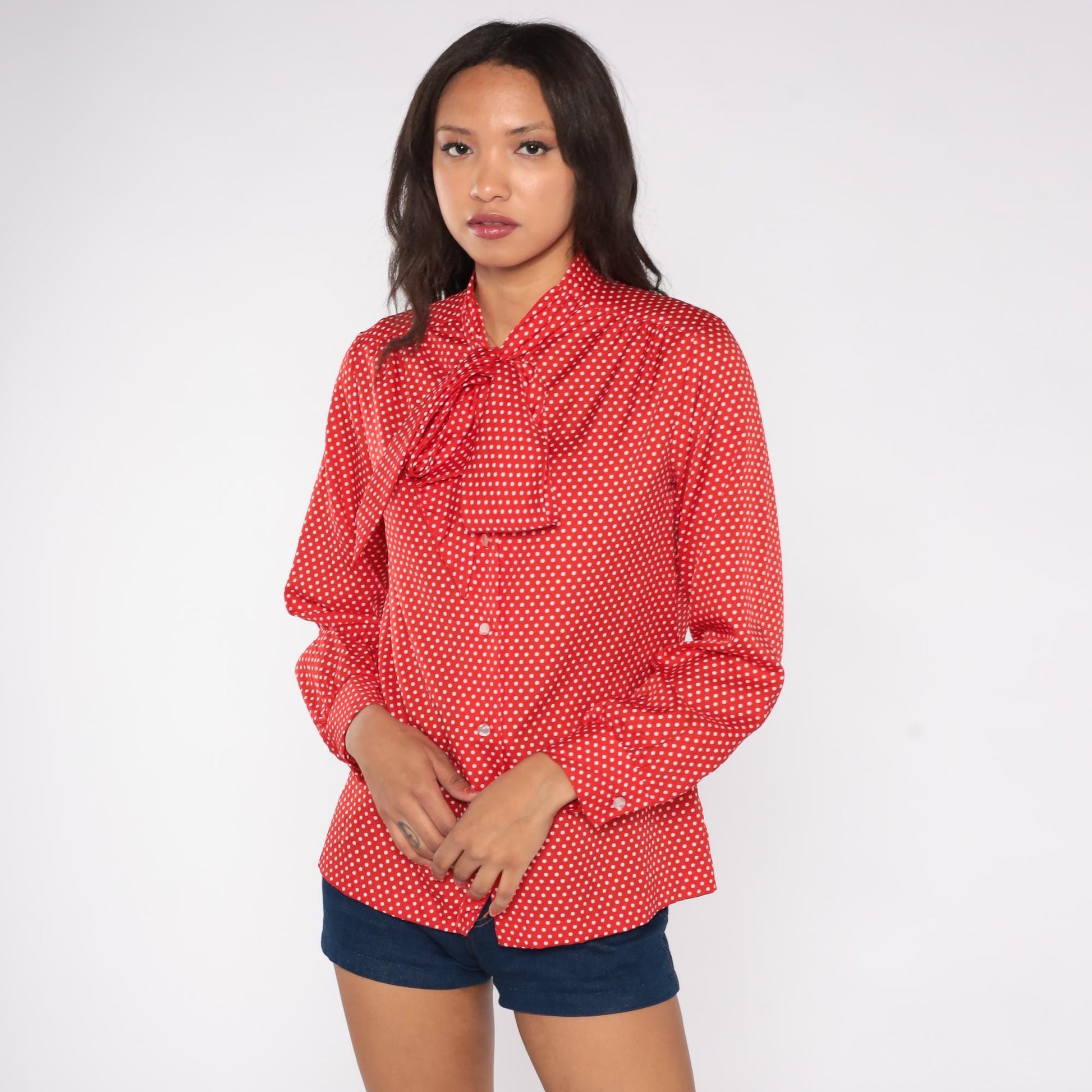 80s Lee Mar of California Red Polka Dot Pussy Bow Blouse Medium