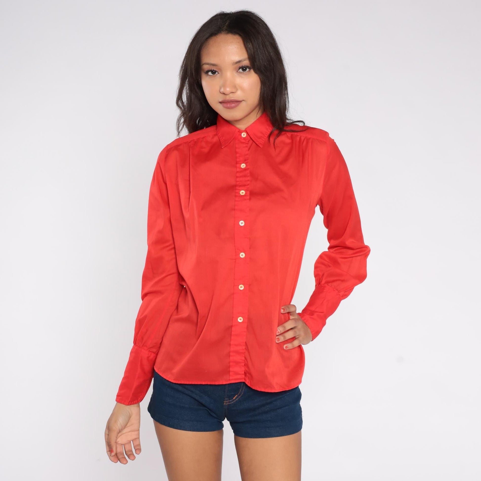 70s JH Collectibles Red Button-Up Shirt Point Collar Long Sleeve Small