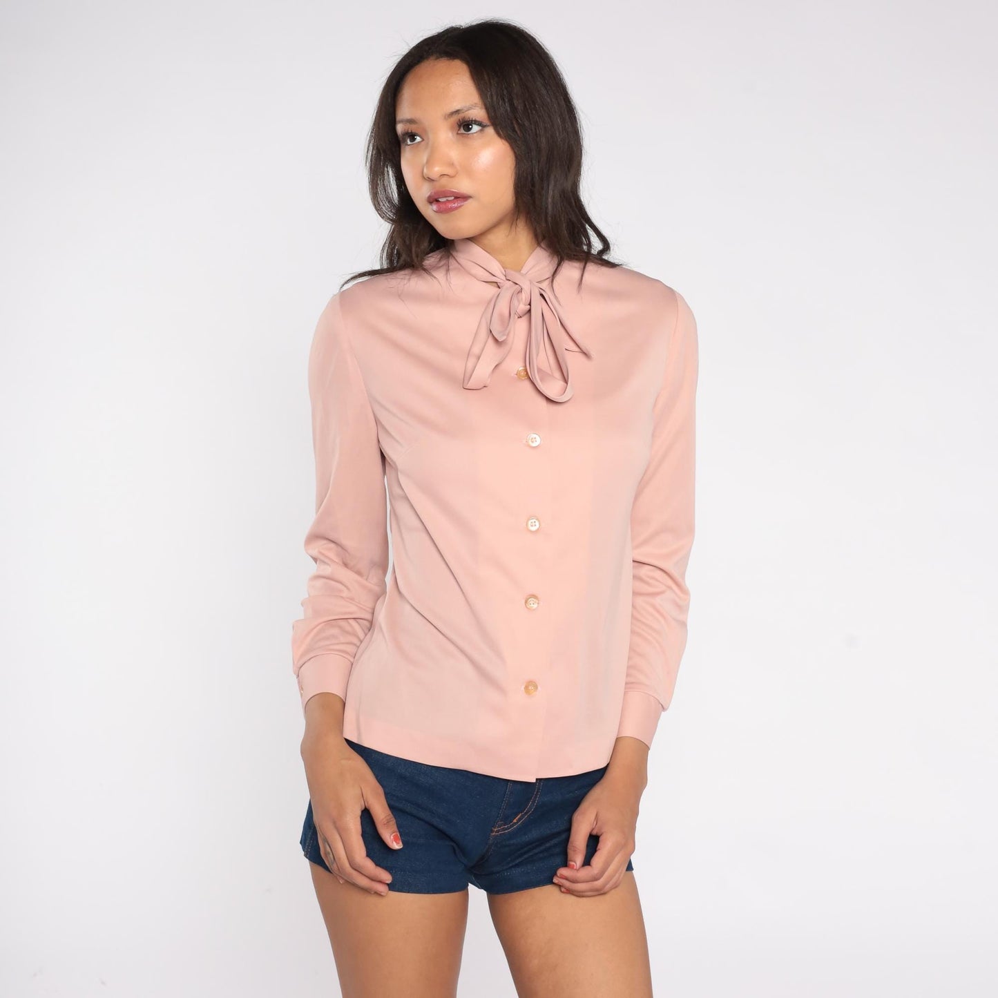 70s Sir Julian Blush Pink Pussy Bow Blouse Long Sleeve Button-Down Small S