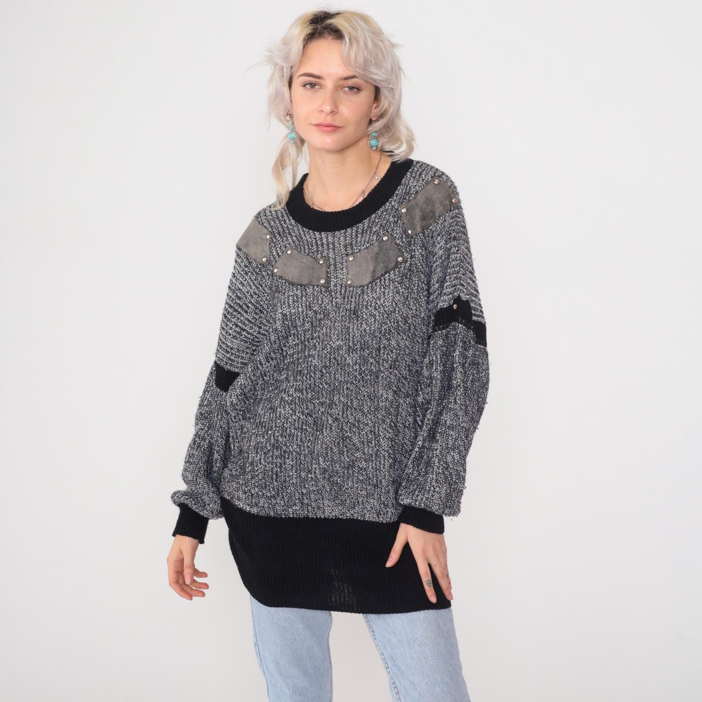 80s Studded Suede Patch Chunky Knit Sweater Grey Black Tunic One Size