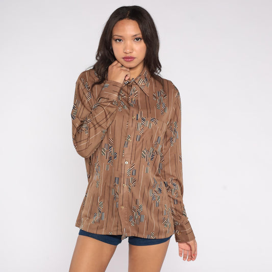 70s Moving Up Abstract Geometric Striped Button-Down Shirt Brown Tan Large