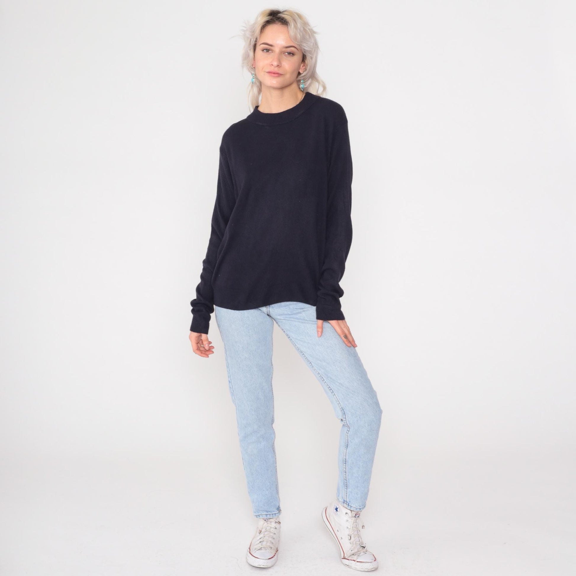 90s Black Crew Neck Sweater Drop Shoulder Pullover Medium M