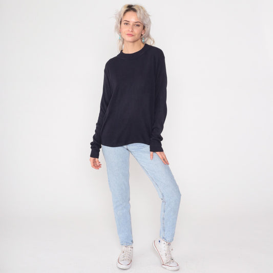 90s Black Crew Neck Sweater Drop Shoulder Pullover Medium M