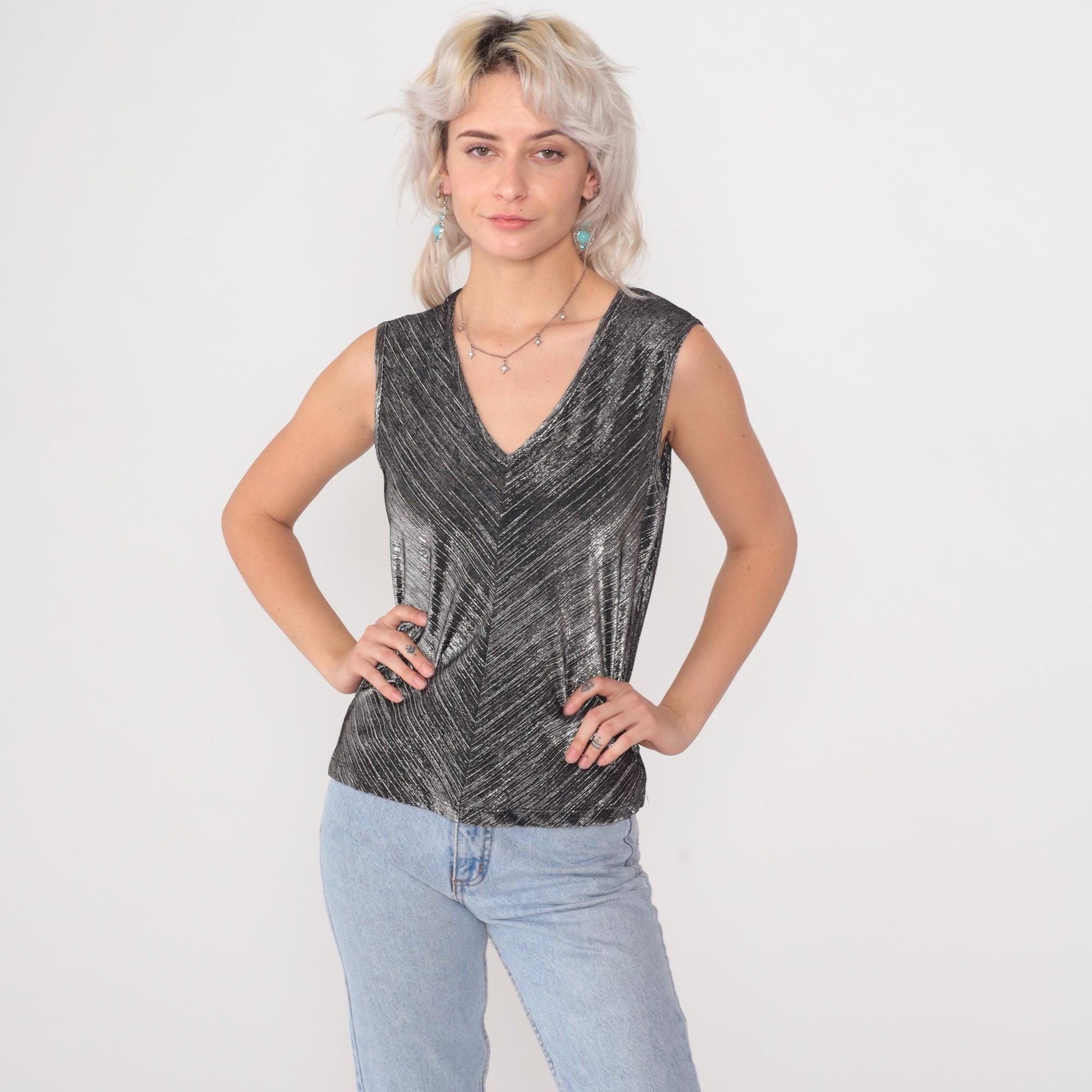 90s David Benjamin Silver Metallic Chevron Tank Top Black V-Neck Small S