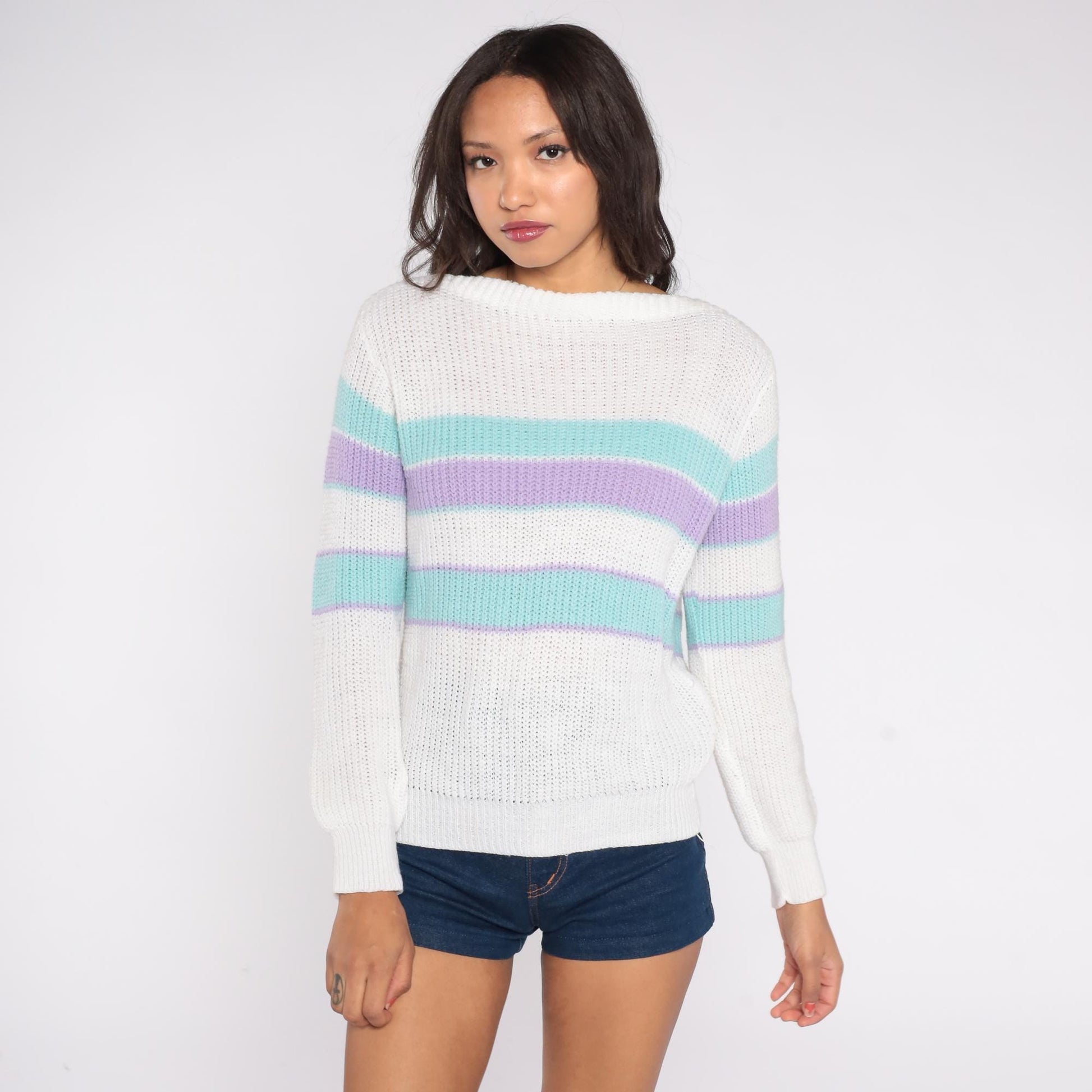 80s Green Lantern Striped Knit Sweater White Mint Lavender Small
