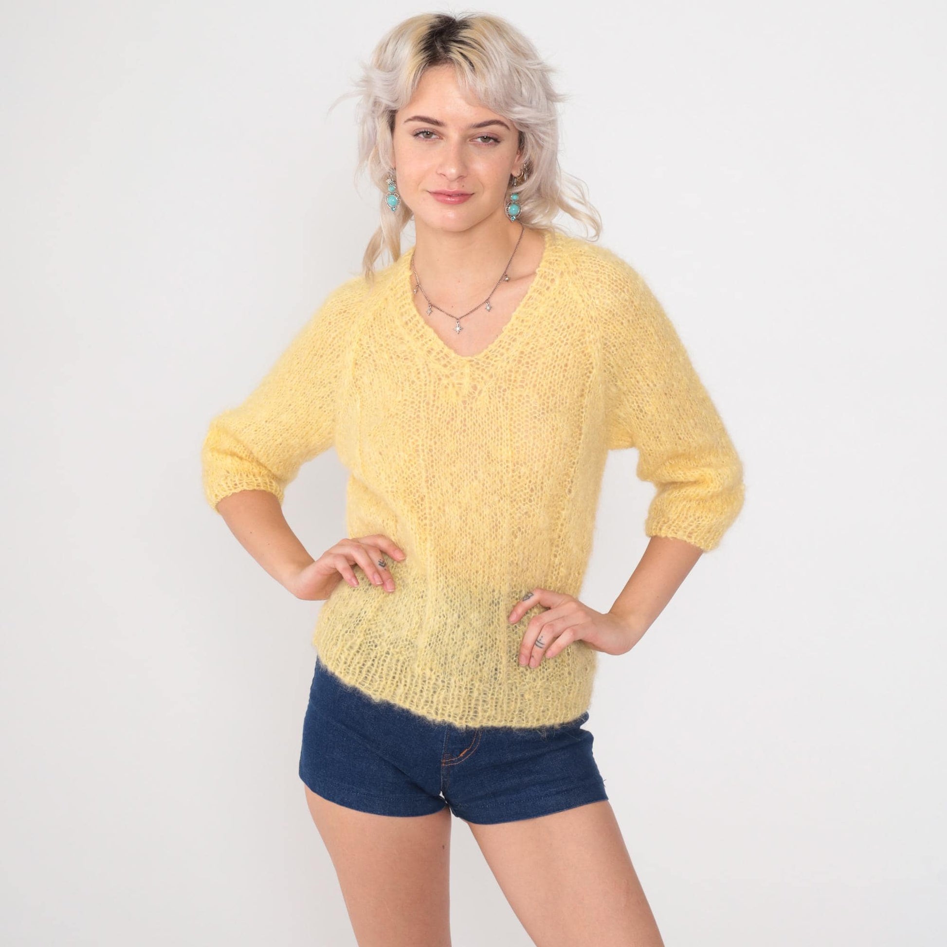 70s Yellow Mohair V-Neck Sweater Cropped 3/4 Sleeve Open Knit Small S